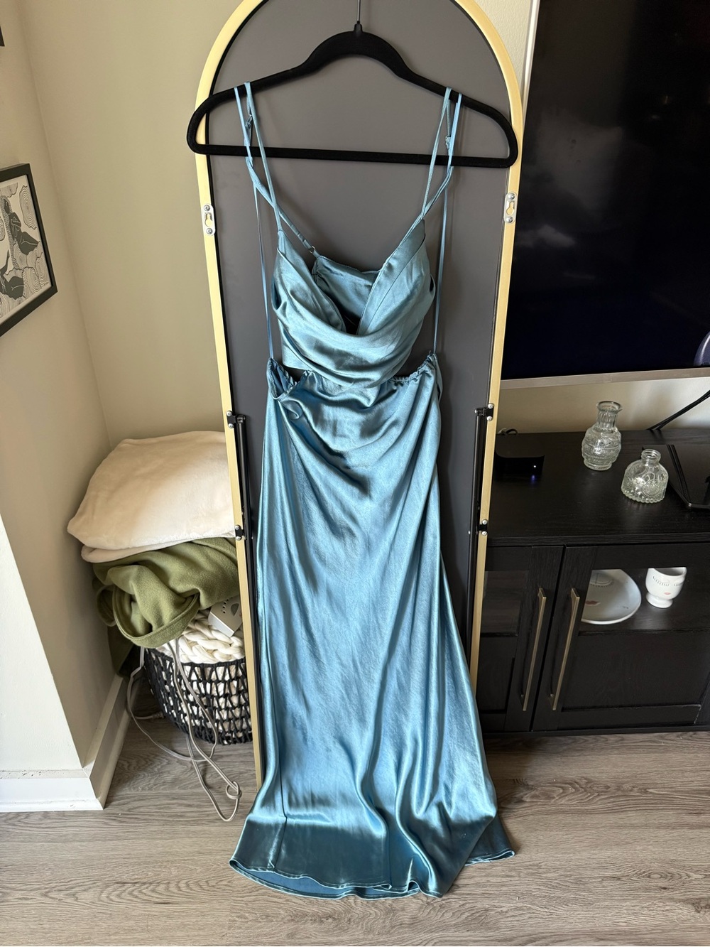 Astr Satin Cowl Slip Maxi Dress in Teal Blue